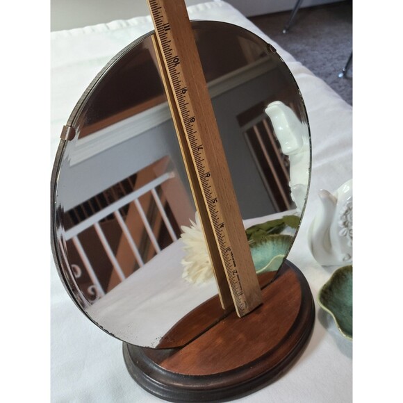 Vintage Round Mirror on Wood Base 12" Beveled Vanity Decor Rustic Accent - Picture 5 of 9